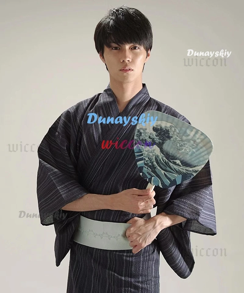 أزياء كيمونو اليابانية التقليدية التأثيرية أزياء يوكاتا الصيفية للرجال رداء طويل مع حزام طقم بيجامات ملابس نوم للرجال رداء حمام