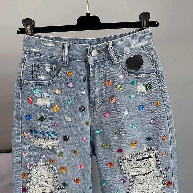 Colorful Diamond Studded Nail Bead Ripped Jeans Blue High Waisted Loose Shorts Shiny Fashionable Versatile Casual Trousers