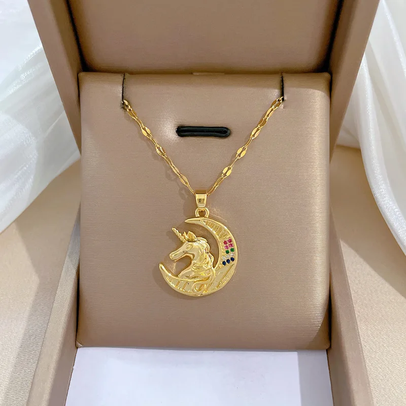 Classic Retro Stainless Steel Micro-inlaid 100 Language Project Unicorn Necklace, Fashionable and Gorgeous,Clavicle Chain