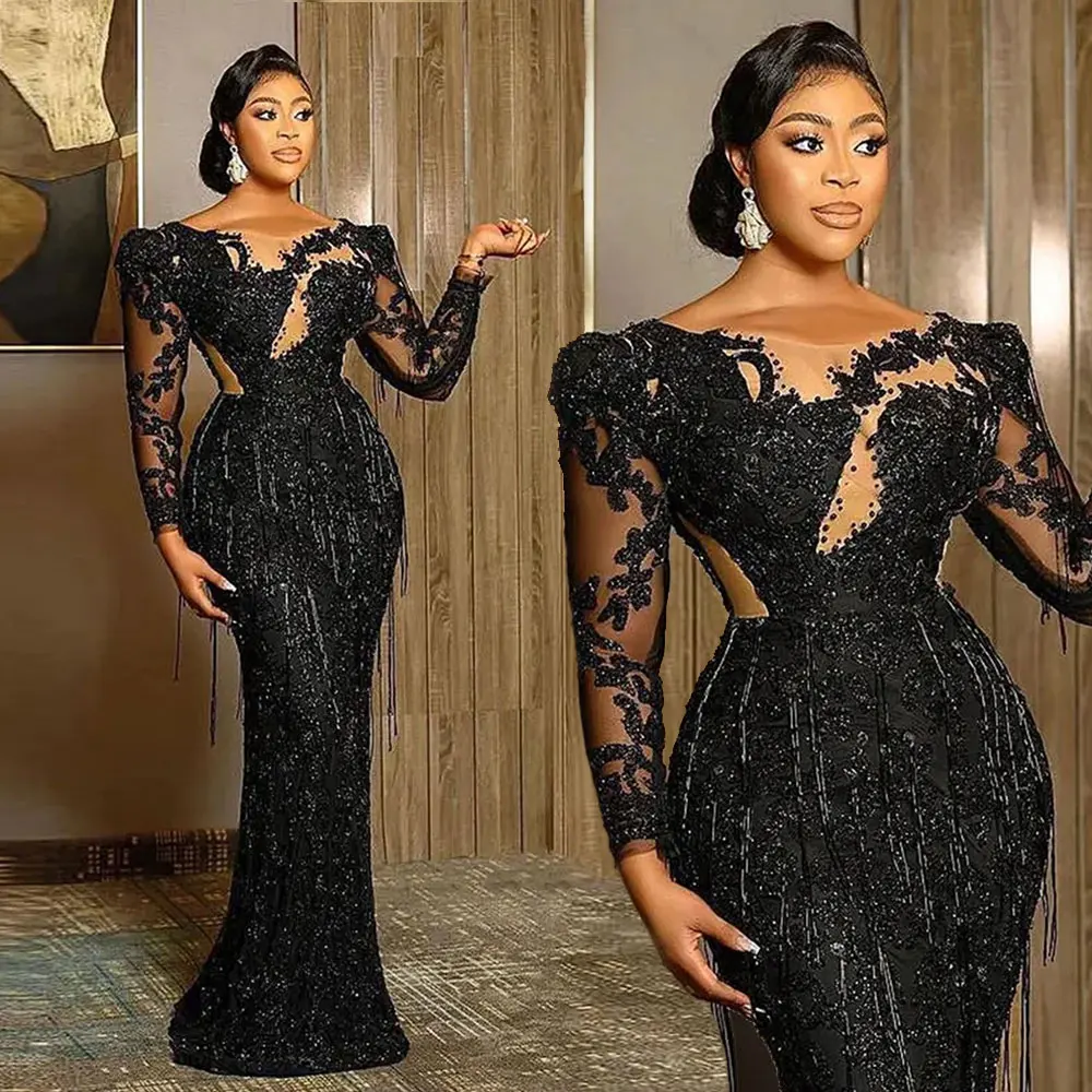 Mermaid Sexy Black Evening Dresses Jewel Neck Illusion Lace Appliques Crystal Beaded Party Dress Long Sleeves Formal Prom Gowns