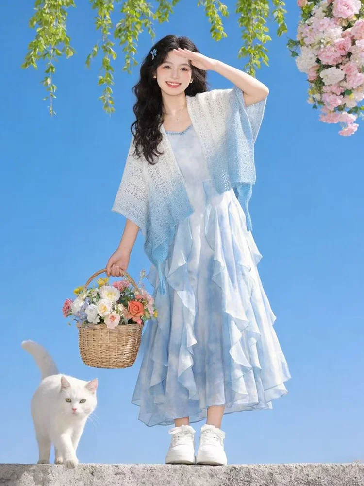 

Sweet Holiday Style Gradient Hollow out Shoulder Shawl with Lace Trim Dress Two Piece Set Spring Summer Elegant Fashion