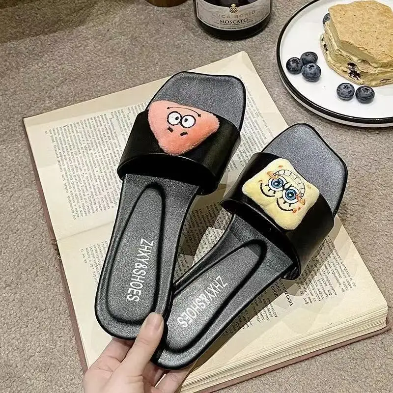 

drop shipping r‌eal pictures 2025 new summer comfortable cute SquarePants cartoon fashion women girls black beige slippers