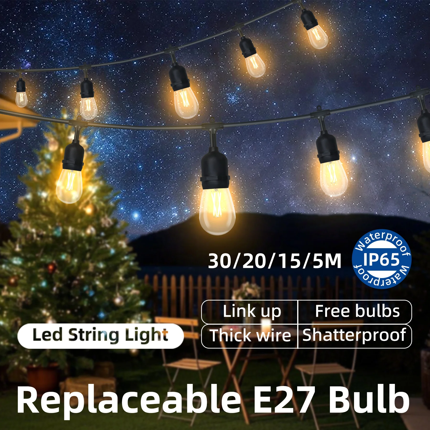 Outdoor String Lights E27 LED Bulb UK/US/EU Plug IP65 Waterproof Retro Bulb For Garden Decoration 10/15/20/30M String Light