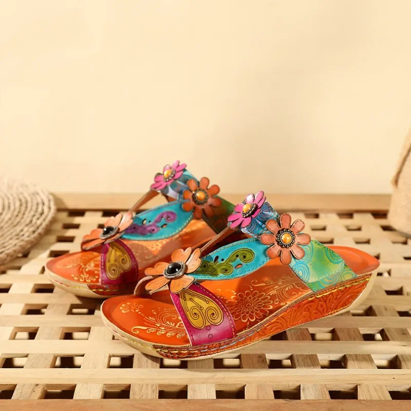 Blue Beach Sandals 2024 New Summer Women Slippers Hand-painted Genuine Leather Flower High Quality Wedges Slides