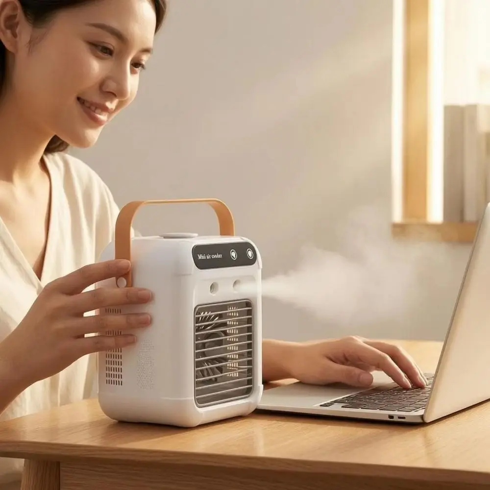 Multifunctional Desktop Spray Cooler USB Charging Compact Lightweight Bladeless Cooling Fan Soft Airflow Humidifying Function