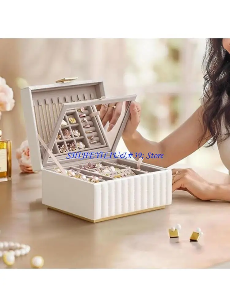 

E21F Elegant 2Layer Jewelry Box with Mirror PU Leather Organizers with Removable Tray