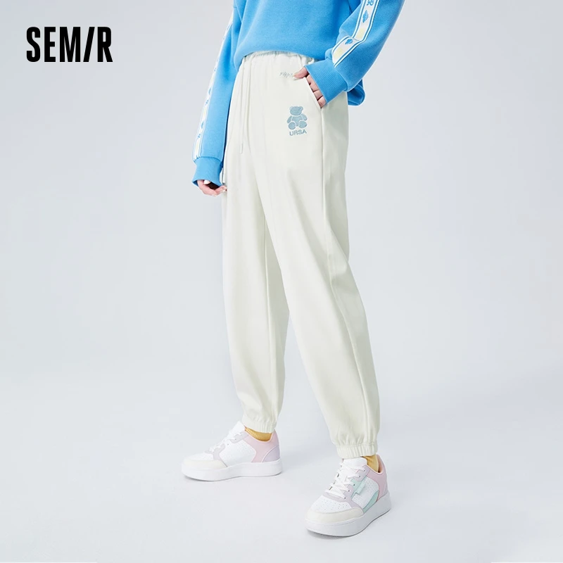 Semir Casual Pants Women Embroidered Loose Trousers Simple Trendy Winter Temperament Sports Style Elastic Waist Sweatpants