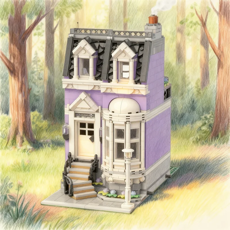 

Набор строительных блоков MOC Town House Medium Lavender Edition (971 деталь), модульная модель городского пейзажа, конструктор, рождественский подарок