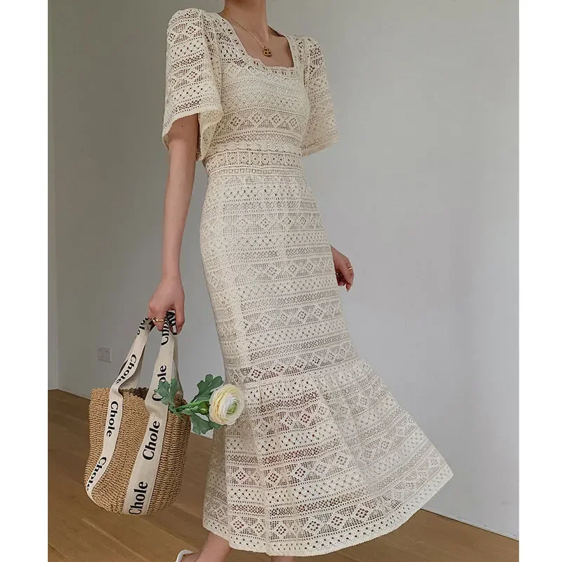 

Elegant Lace Fashion Chic Vintage Woman Bodycon Midi Dress Square Collar Short Sleeve Hollow Out Geometric Vestido De Mujer 2024