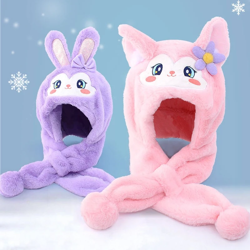 

Miniso Детская осенне-зимняя плюшевая шапка для девочек, шарф, интегрированный комплект, флисовая шапка с героями мультфильмов, милая теплая шапка для девочек