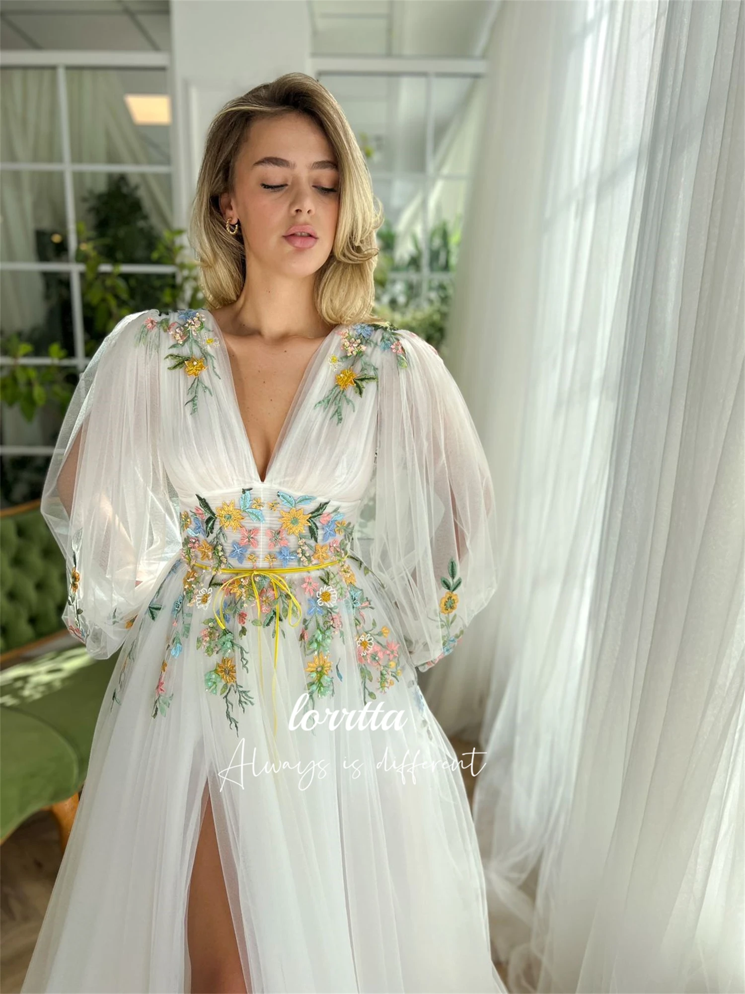 Vestido de formatura para festa de casamento, linha de tecido bordado floral, mangas compridas, vestidos personalizados para ocasiões formais