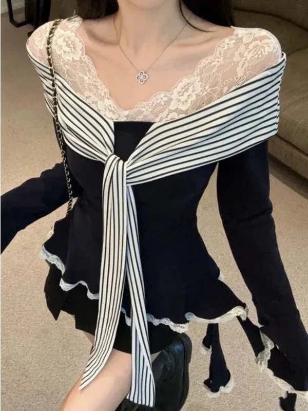 Korean Sle Lace Splice Tie One oulder Long Sve T-irt Women's Slimming Top for Autumn Winter Faion Commute Sle