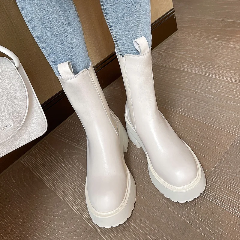 

Platform Ankle Boots Thick Hee Warm Winter Shoes Woman Round Toe Cowhide Platforma Shoes Spring Autumn Chelsea Boots Size 41