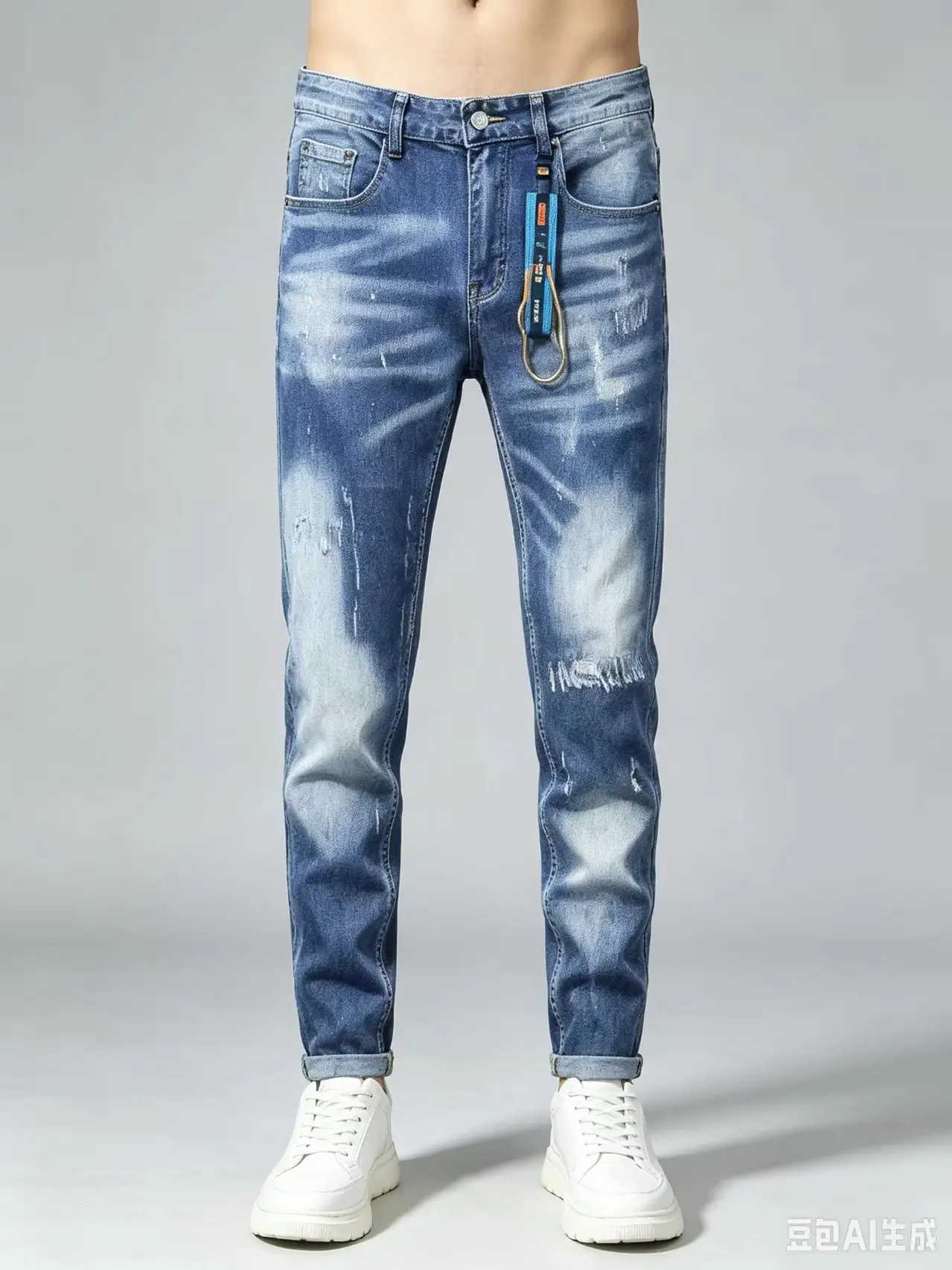Jeans Men Retro Gradient Washed Denim Pants Splash Ink Faded Hanging Accessory Decor Slim Skinny Hip‑Hop Casual Trousers Jeans