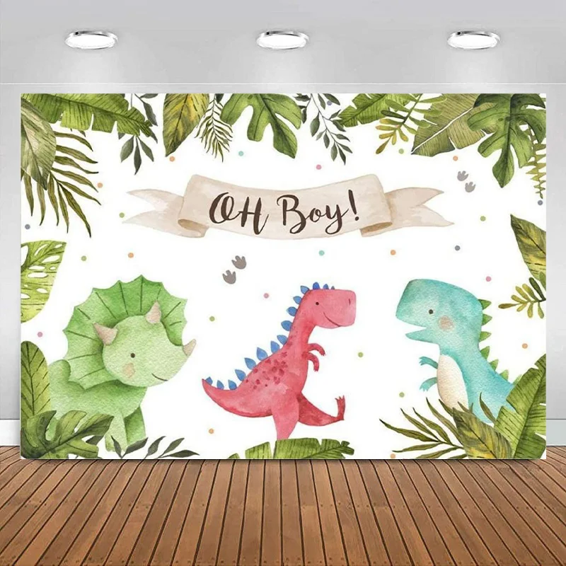 

Oh Boy Dinosaur Theme Baby Shower Photography Backdrop Jungle Background Wild Green Palm Leaves Newborn Party Decorations Banner