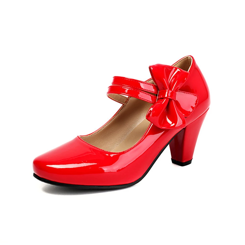 

Женские туфли Мэри Джейн из лакированной кожи с бантом, на блочном каблуке, с ремешком на щиколотке, большие размеры 33-45, модель 31-1