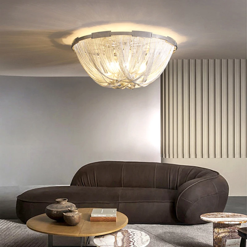Tassel ceiling Chandelier led round silver chain light for Dining Room Ceiling Chandeliers for Living Room Indoor LED Lighting