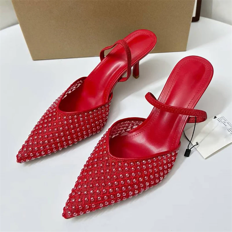 New Design Pearl Breathable Mesh Women Pumps Sexy Thin High Heels Pointed Toe Mule Shoes Fashion Banquet Prom Sandals
