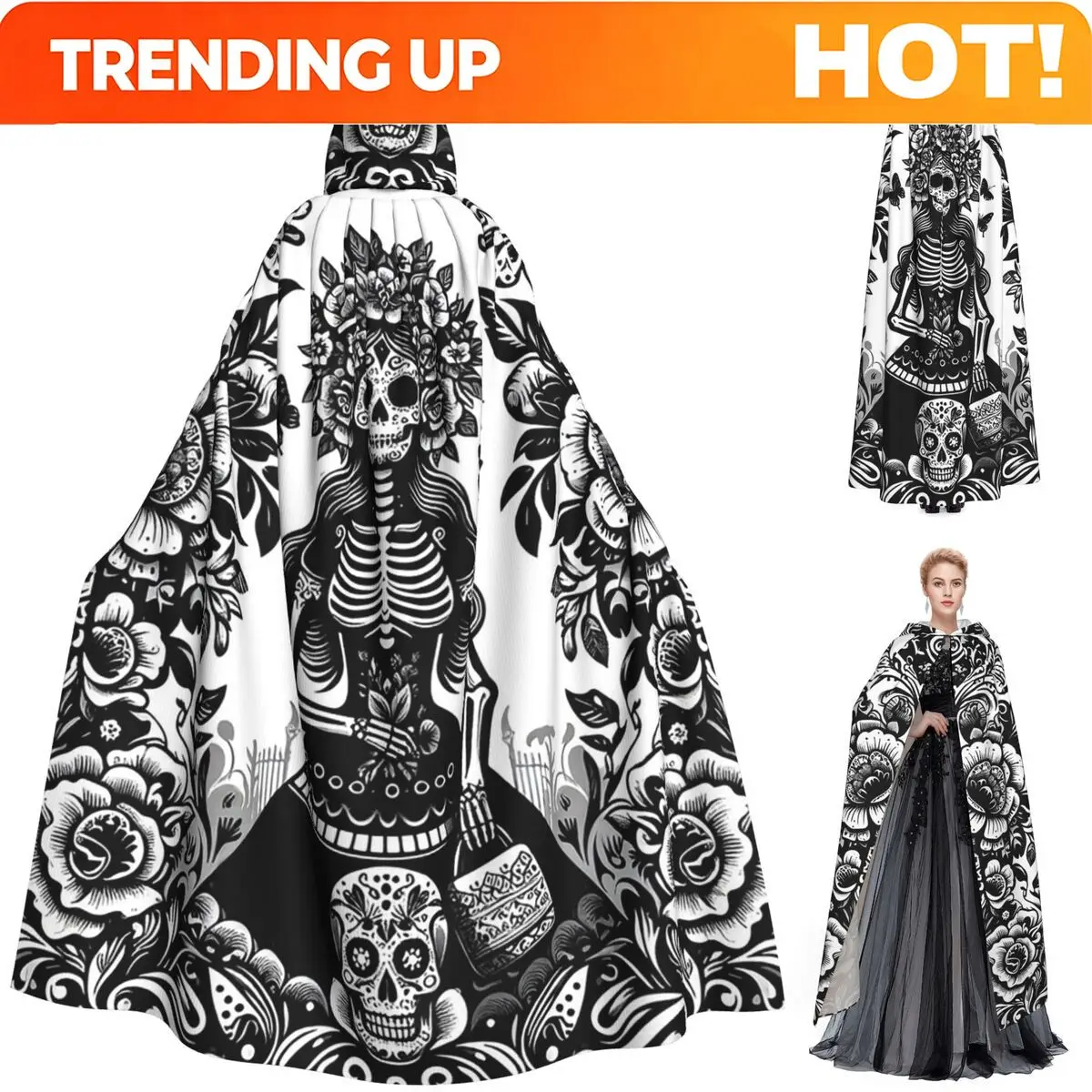 Custom Mexican Catrina Girl Day Of The Dead Sugar Skull Long Hooded Cloak Witch Medieval Costume Cosplay Cape HalloweenCoat Unis
