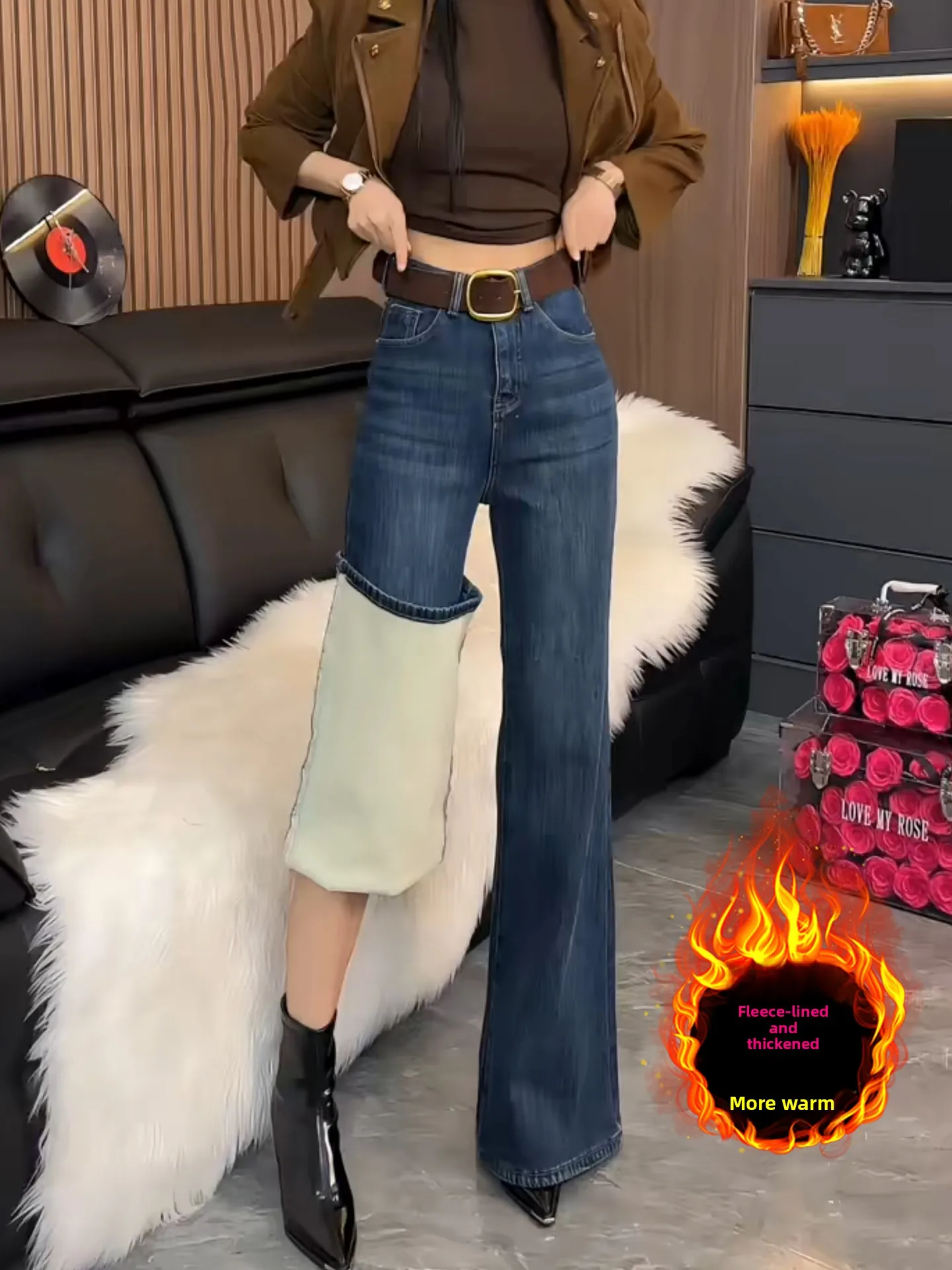 

Retro Blue Fleece Lined Flared Jeans Women's Winter plus Size Slimming Fashionable Warm Wide Leg High Waist Denim Pants