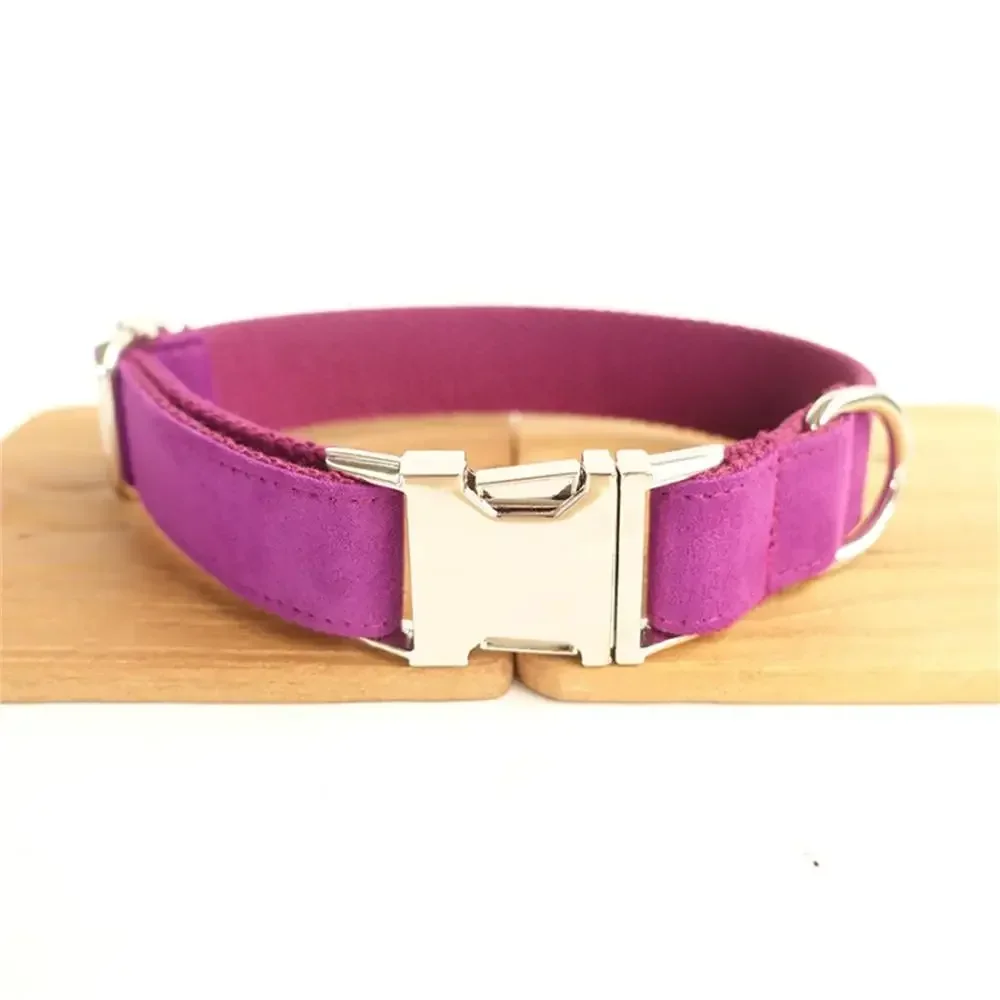 Personalized Dog Collar with Free Engraving, Matching Pet Leash,Customzied Contacts Metal Buckle,Purple Suede Fabric Pet Collar