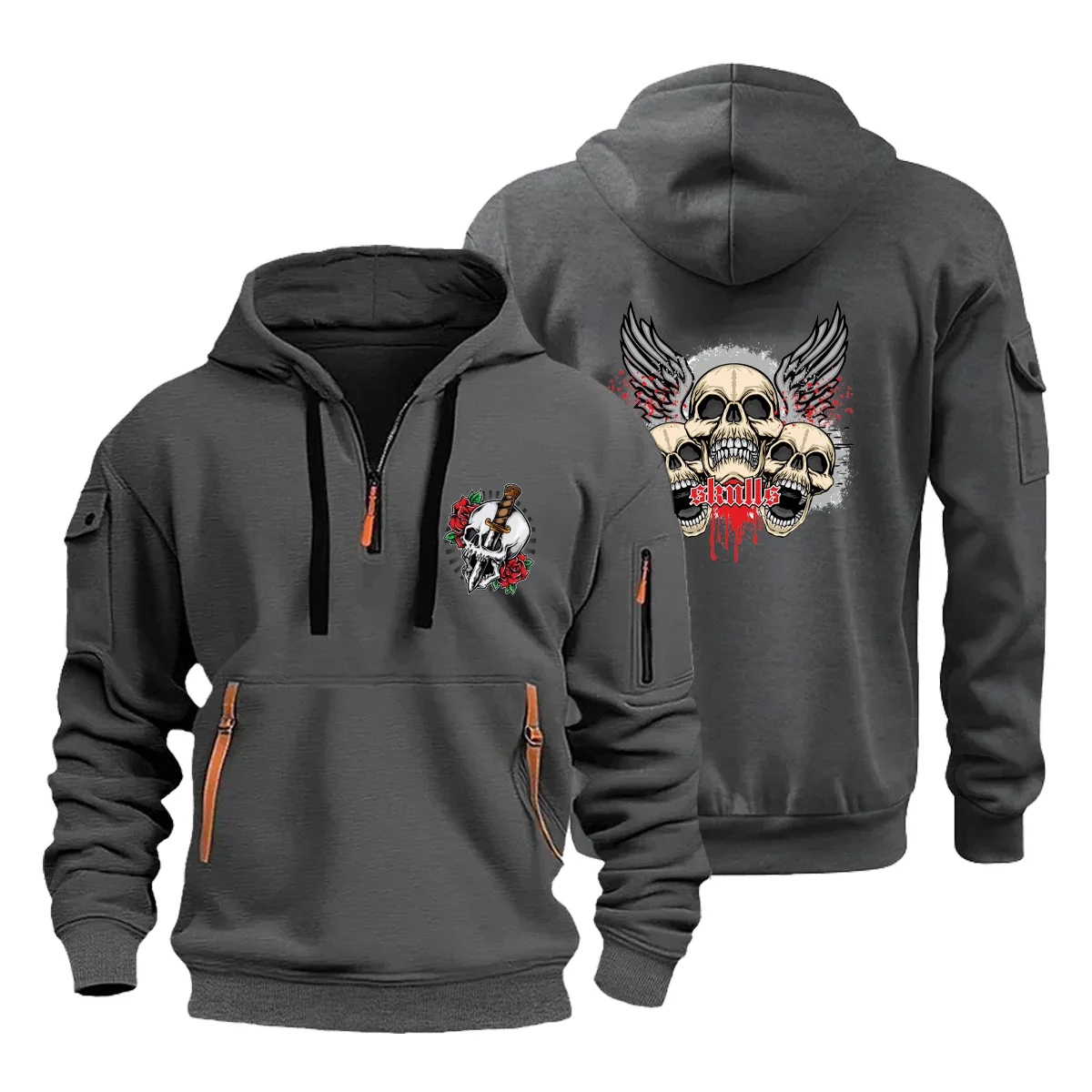 

New Hip Hop Casual European Size Spring/Autumn Men's Hooded Kangaroo Pocket y2k Hooded Sports Fleece Half-zip Hoodie Top Coat