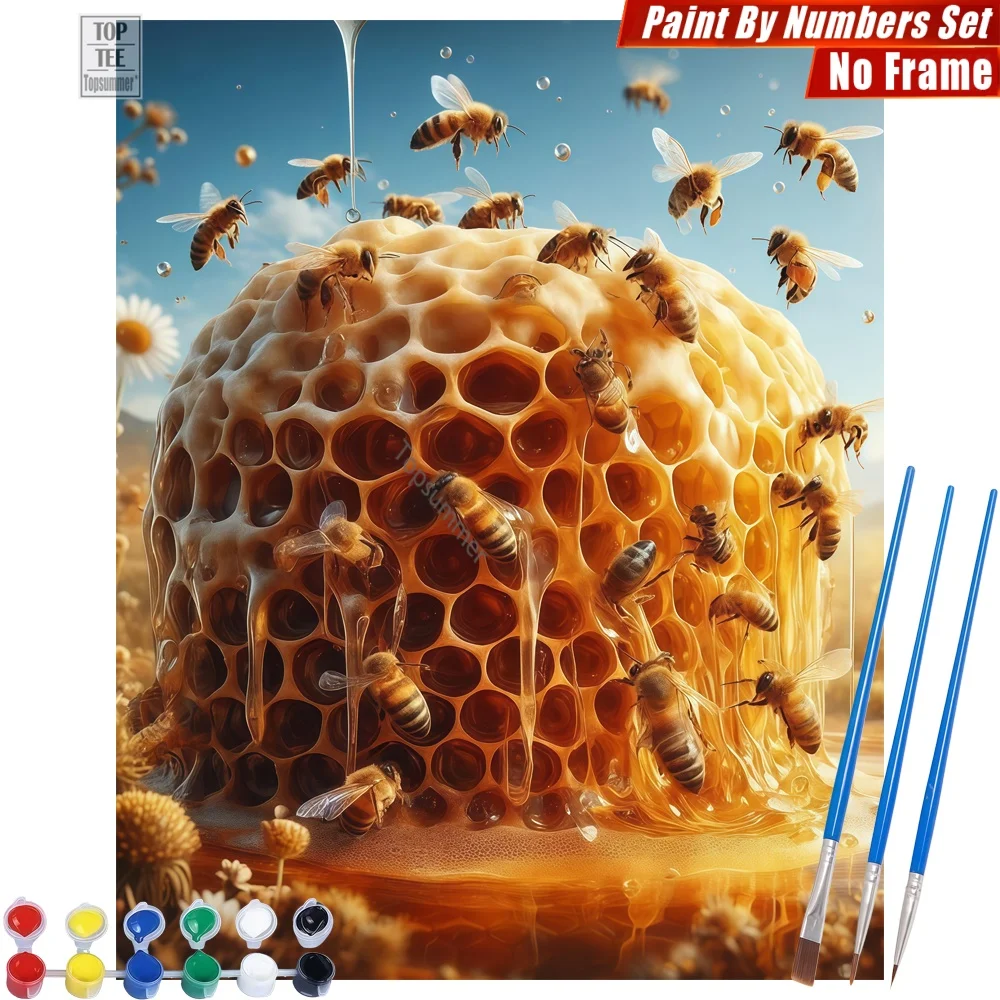 

Dripping Honeycomb Bees DIY Digital Oil Paints Set - Clear Blue Wildflowers Living Room Wall Art Easter Gift For Colleague