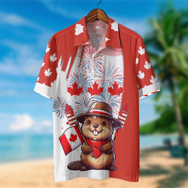 Happy Canada Day 3D Printed Shirts For Men Clothes Fashion Squirrel Maple Leaf Lapel Blouse Canadian Patriotic Blouses Dog Tops