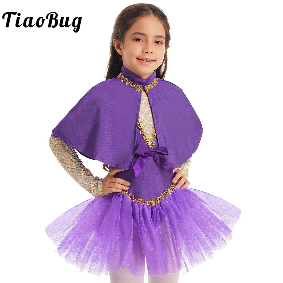 

Girls Circus Ringmaster Costume Showman Outfit Kids Sequined Mesh Splice Ballet Dance Gymnastics Leotard Dress With Cape Outfit