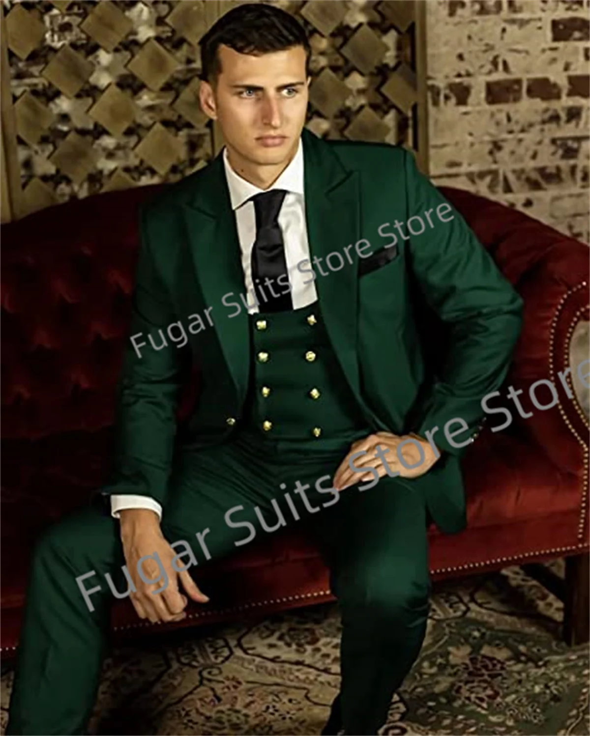 

Luxuly Business Green Wedding Men Suits Slim Fit Peak Lapel Groom Formal Tuxedos 3 Pieces Sets Fashion Male Blazer Costume Homme