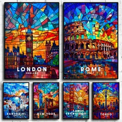 Stained Glass Travel Wall Art Canvas Painting London Rome Santorini New York Posters and Prints Picture Home Room Decor Cuadros