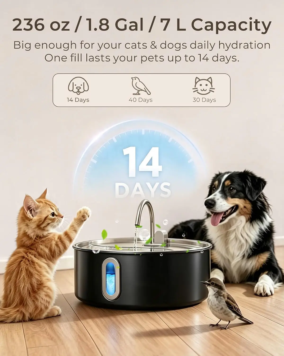 Large Dog Water Fountain, 7L/236oz Stainless Steel Dog Drinking Fountain in Matte Black