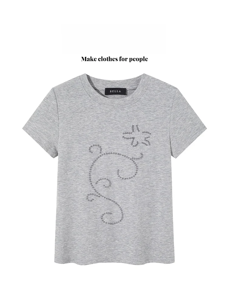 

Bella ey Heavy Embellied T-irt Women's Summer Casual Versatile Slim Fit ort Sve round Ne Top Korean Sle Cotton...