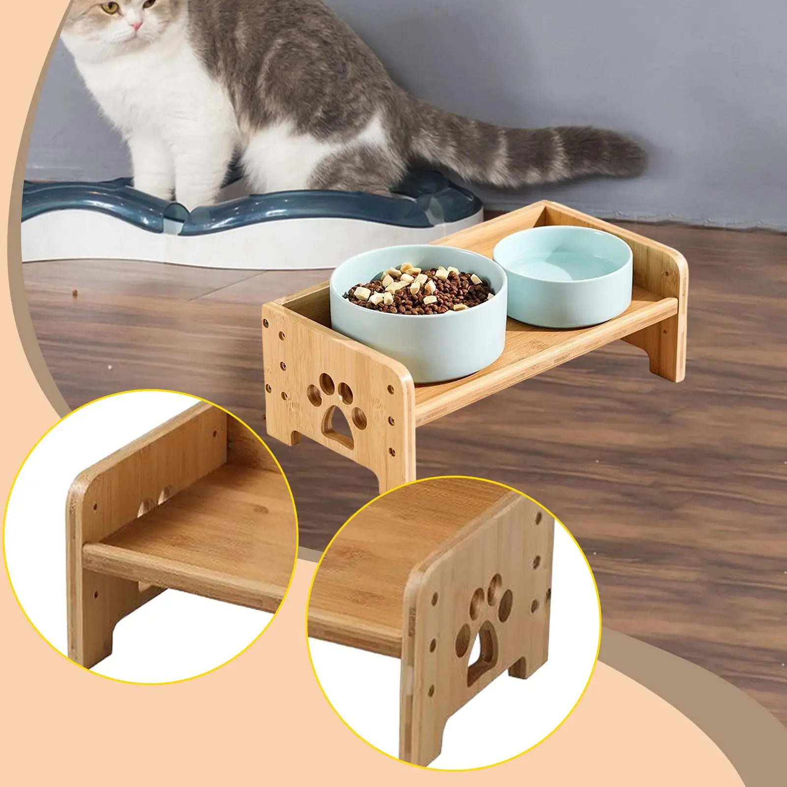 Raised Dog Bowl Stand for Double Bowls Bamboo Elevated Pet Food Holder Splash Guard for Feeding Dogs view 2
