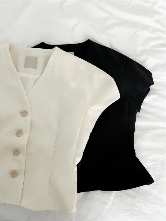 Korean Style Elegant Short Thin Outerwear V-Neck Single Button Waist Cinch Slimming Summer Jacket for Women