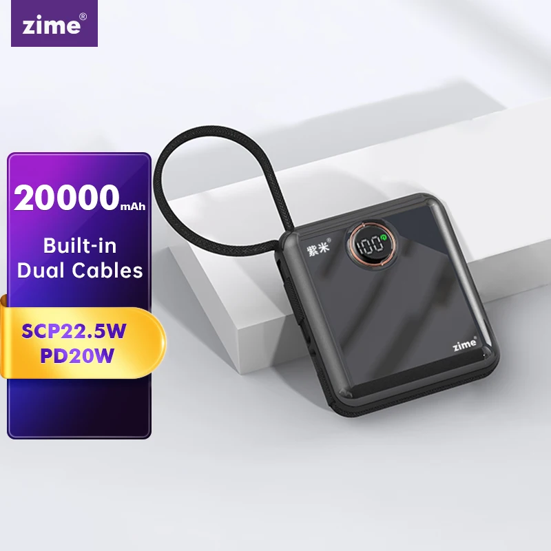 zime 20000mAh Power Bank Built-in Cables 22.5W Fast Charging Powerbank Portable Battery Charger For iPhone15 14 13Pro for Xiaomi