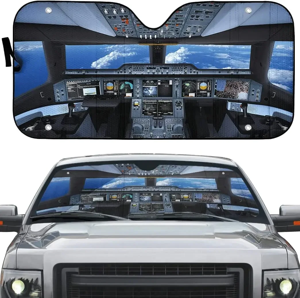 3D Flight Deck Airplane Cockpit Car Sunshade, Inside Flight Deck Airplane Cockpit Image Print Auto Sun Shade, Windshield Visor f