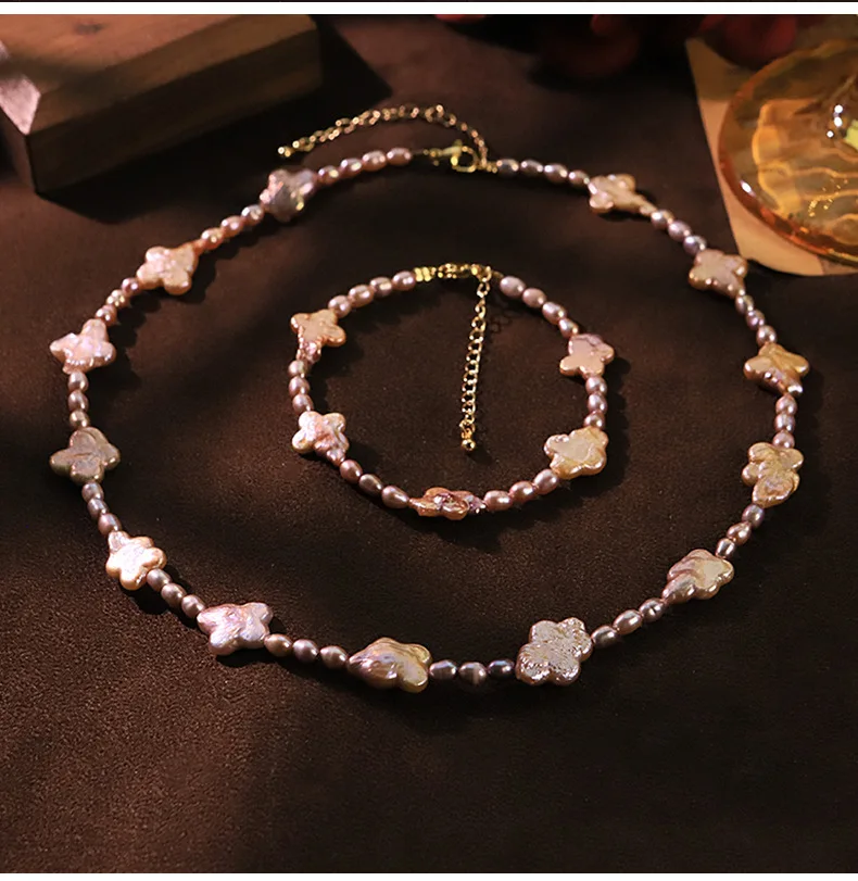 

Retro Elegant Purple Baroque Pearl Floral Set Women Necklace Bracelet Stylish Wedding Banquet Daily Trend Accessories Party Gift