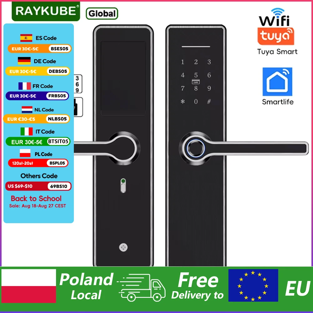 RAYKUBE Tuya Wifi Digitales Fingerabdruck-Türschloss mit Passwortkarte, schlüsselloses Entriegeln des vorderen Griffs, Edelstahl 304, aus Polen