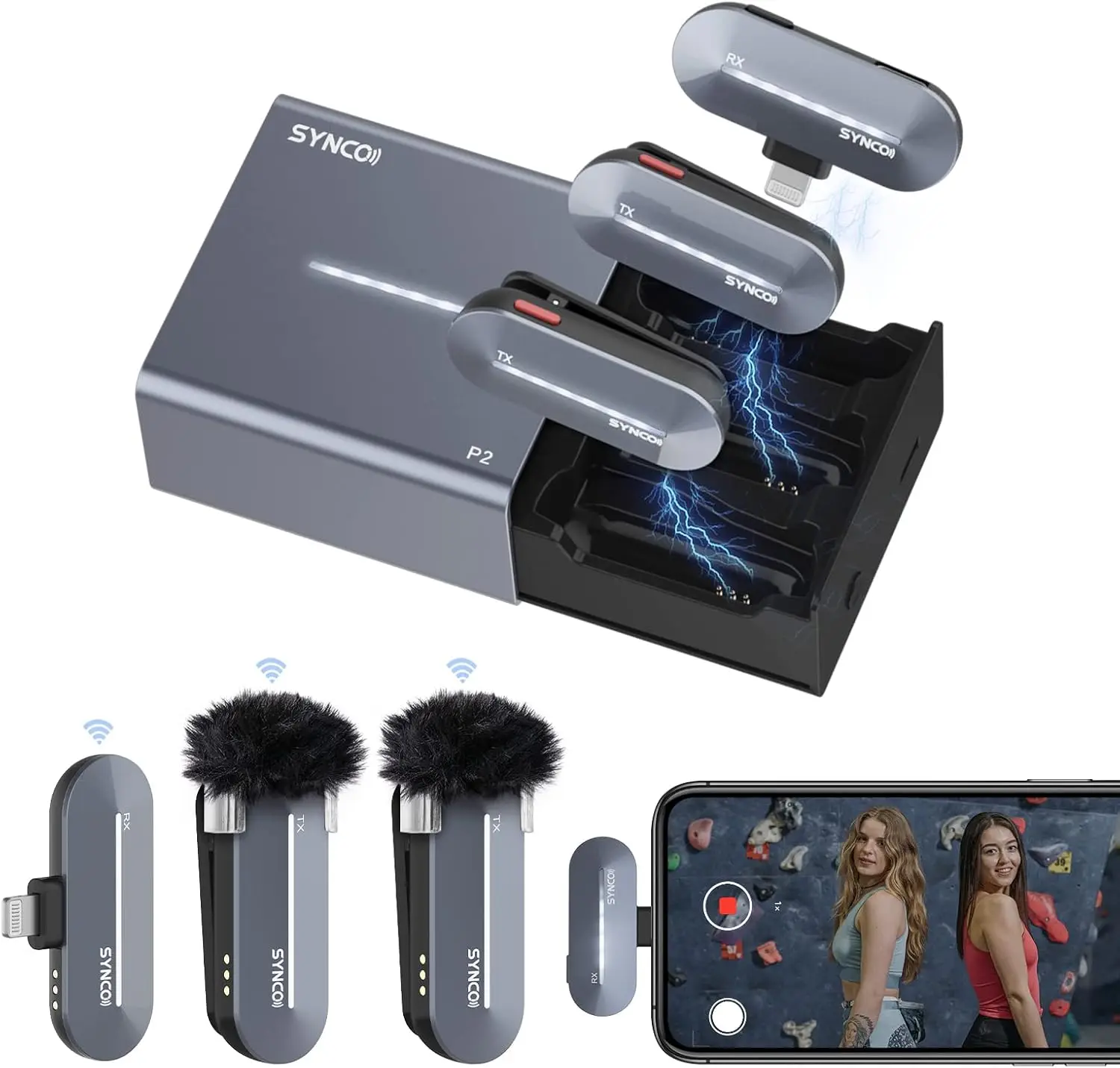 

SYNCO P2L Wireless Lavalier Microphone for iPhone Dual Mic Noise Reduction Charging Case, Plug Play 2.4GHz For iPhone 12/13/14