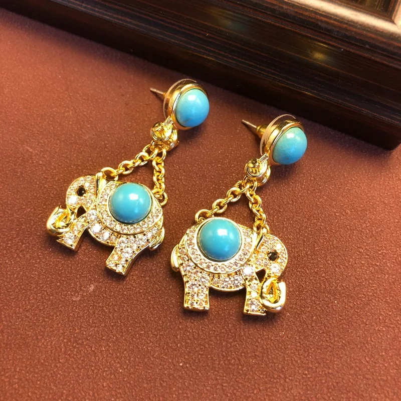 Medieval exquisite STUD earrings copper wax inlaid zircon elephant earrings creative inlaid turquoise temperament earrings