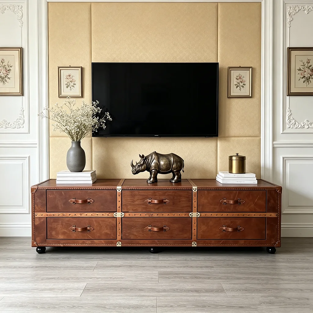 Modern Vintage Full Top Grain Leather TV Cabinet Rivet Trim Antique Look Functional Storage For Home Living Room Furniture