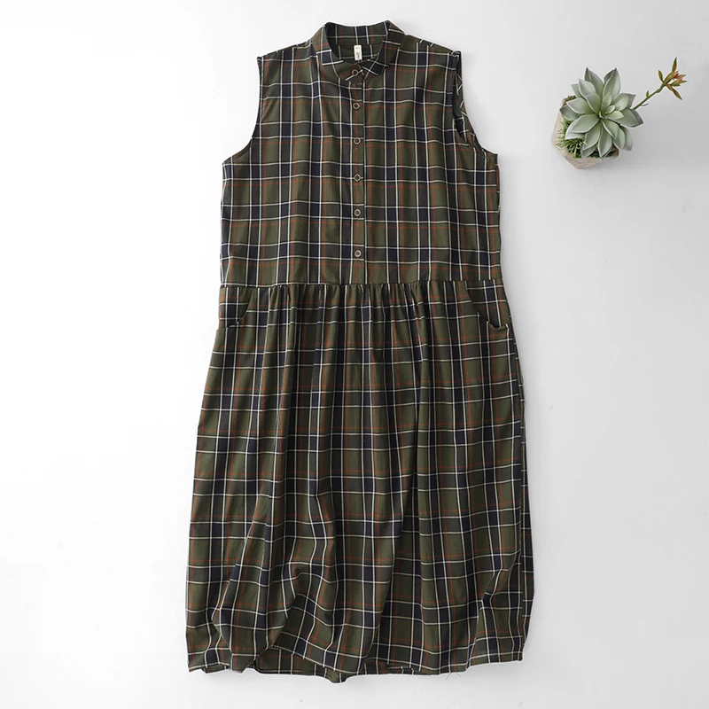 Japanese Sle Cheed Color Woven Linen Svel Dr Women's plus Size Summer Fre Stand Collar Loose Long Dr