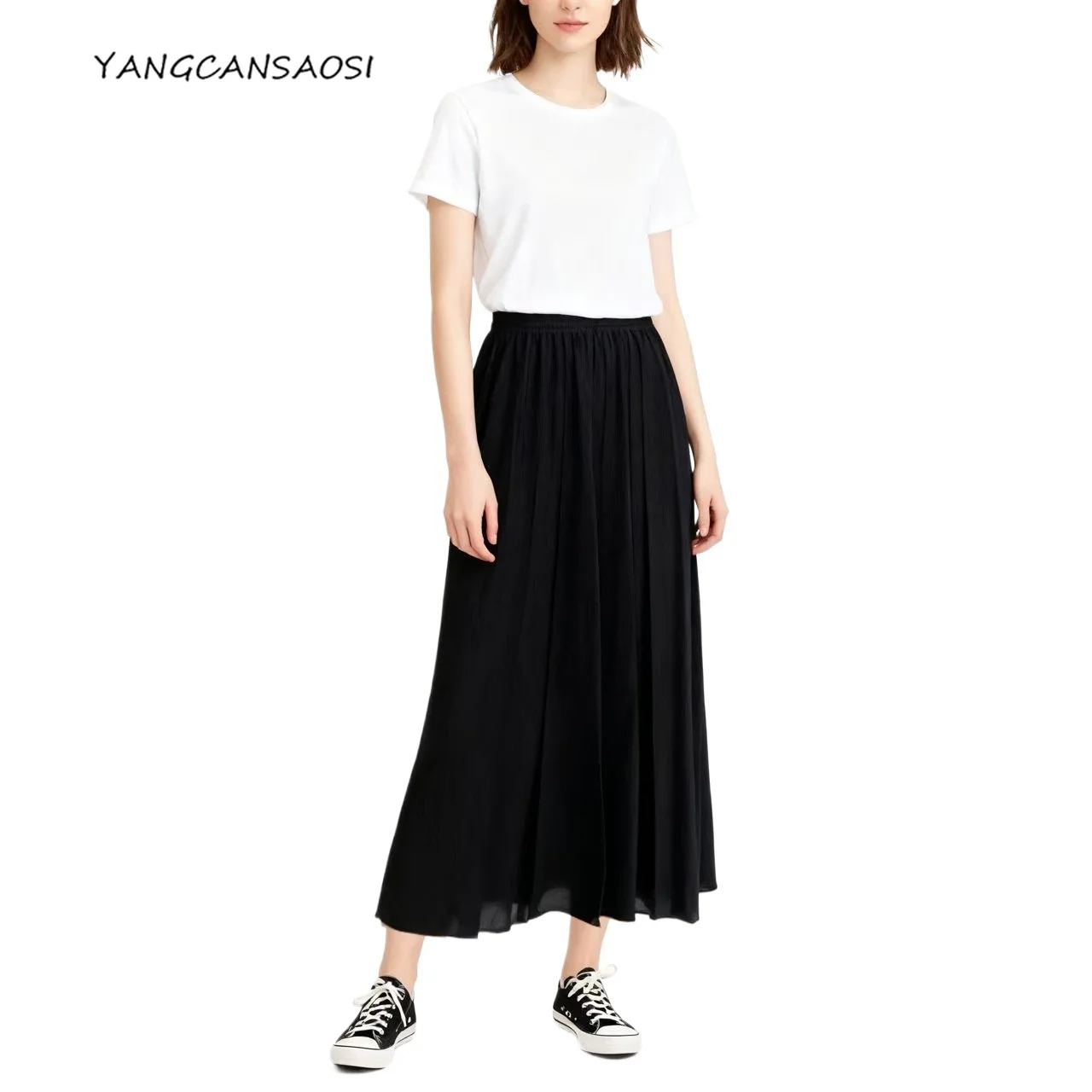 2025年レディースファッション衣料 多用途 28MM 100%天然桑絹樹皮クレープ Aライン ブラック 大きめスイング カジュアルスカート