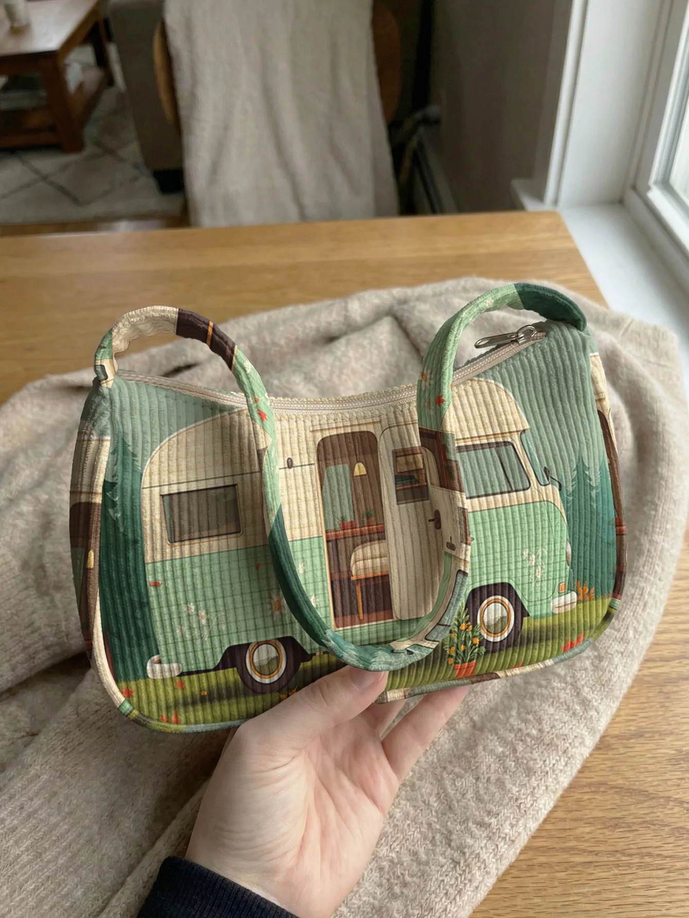 Trendy Camper Van Print Shoulder Bag, Corduroy Underarm Bag for Daily Casual Use