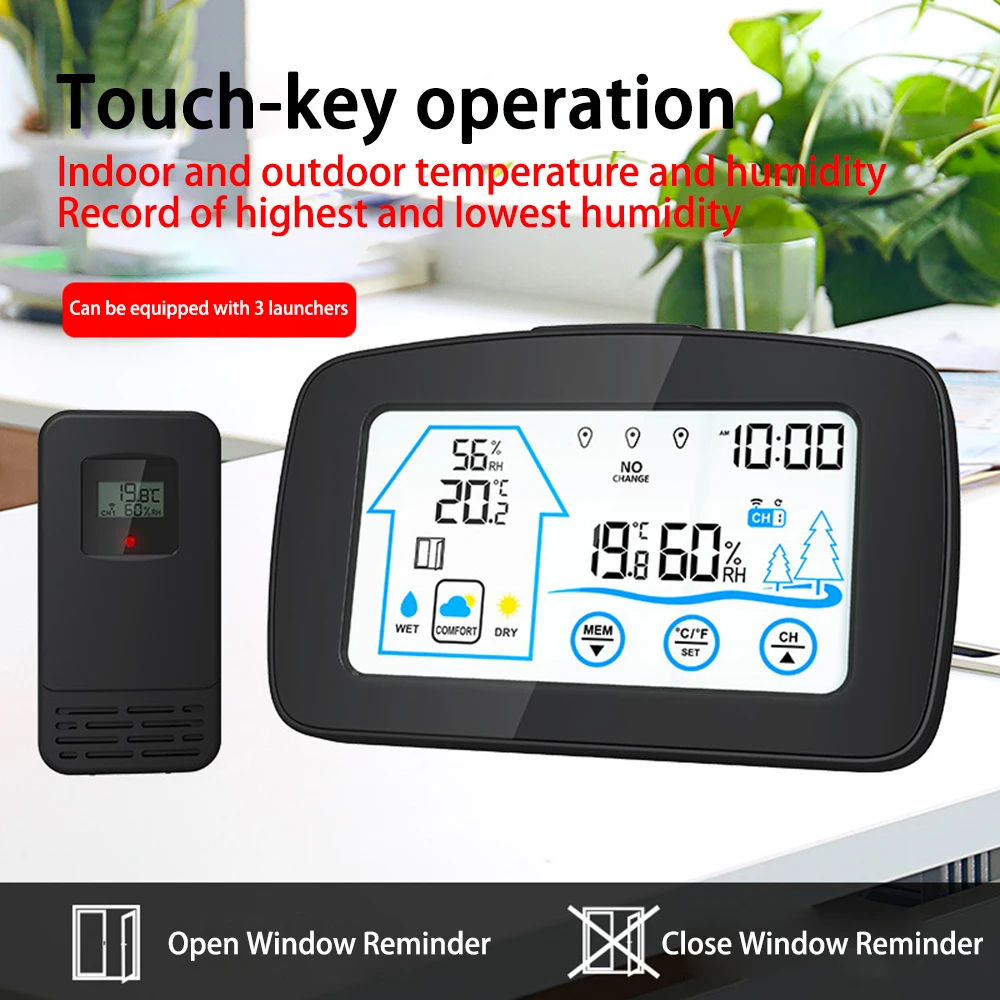 Monitor temperatury z ekranem dotykowym Bezprzewodowy wewnętrzny termometr zewnętrzny Higrometr cyfrowy elektroniczny zegar ścienny