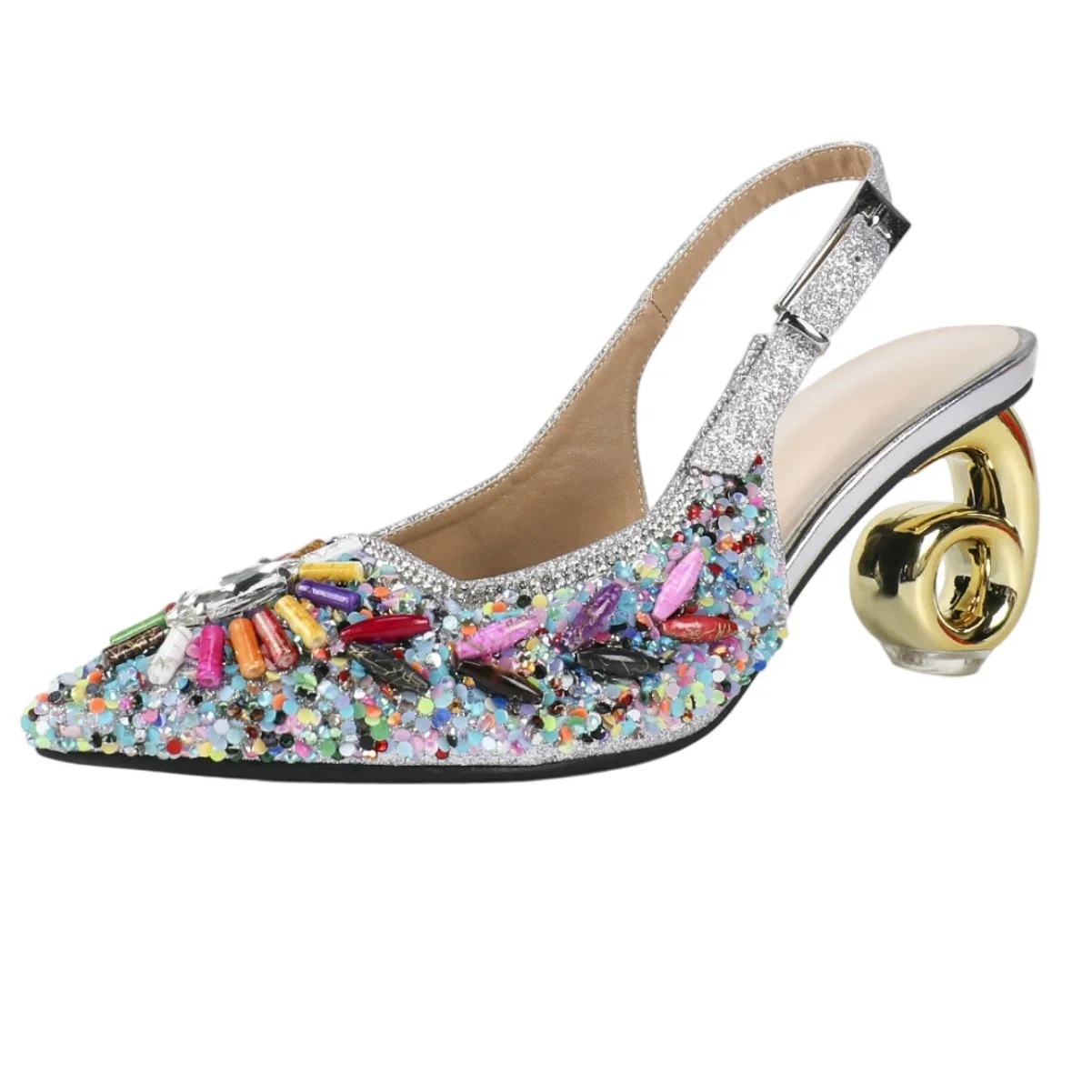 Women Silver Rhinestone Pointed Toe High Heel Sandals Spiral Stiletto Ankle Strap Wedding Bridal Party Dress Shoes Plus Size