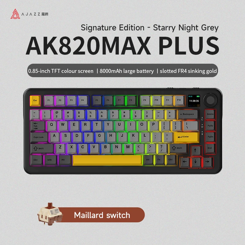 AJAZZ AK820 MAX PLUS Tri-mode draadloos gamingtoetsenbord, BT5.1/2.4G/USB-C, Gasket & Full Hot-swap, RGB muziekritme, Flying Fish/Daydream/Maillard/Avocado schakelaars