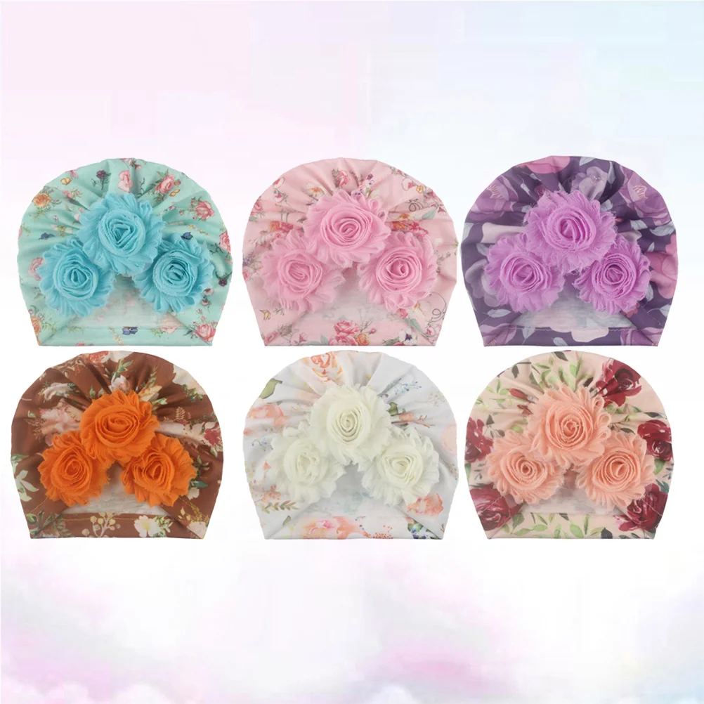 6pcs Flower Baby Newborn Headwraps Printing Turban Hat Useful Protector for Baby Children (6 Patterns)