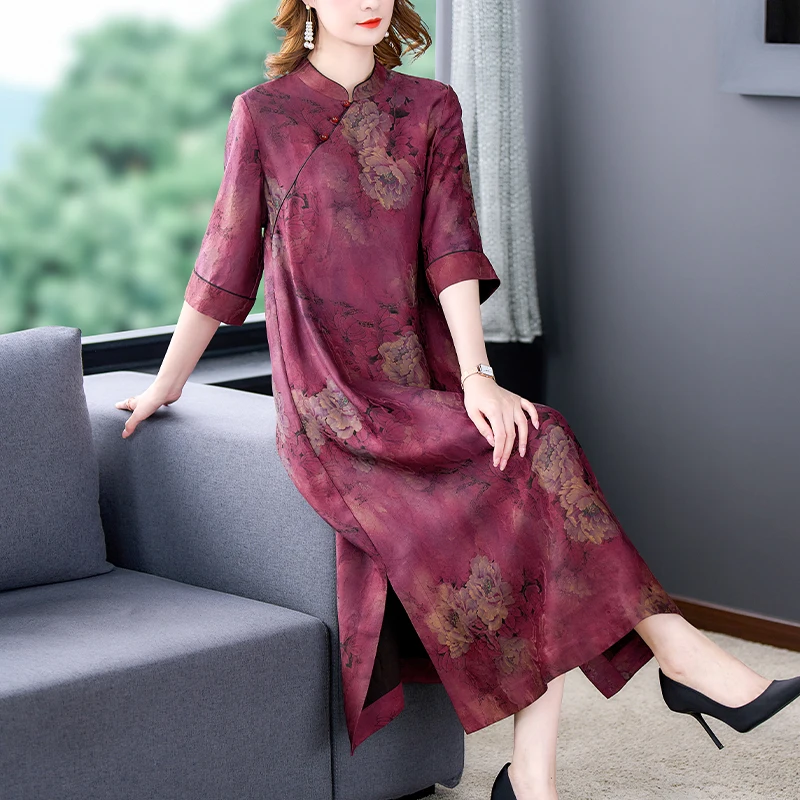 Women Red Floral Mulberry Silk Midi Dress Summer New Elegant Loose Waist Plus Size Dress 2024 Korean Vintage Casual Party Dress